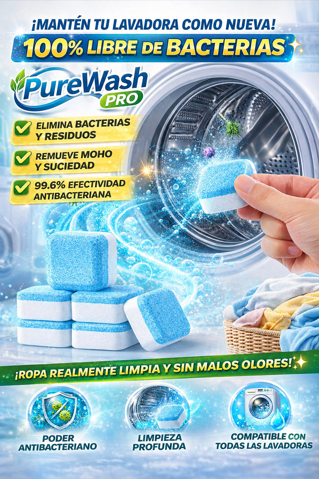 PureWash PRO - Reduce bacterias y elimina el mal olor de tu lavadora (12 pastillas)